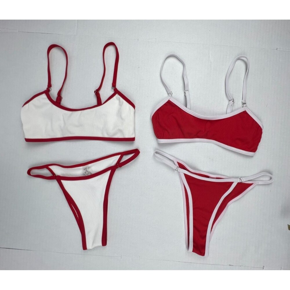 2 Bikini Sets Bundle Ribbed Red White Contrast Trim Adjustable Size Small